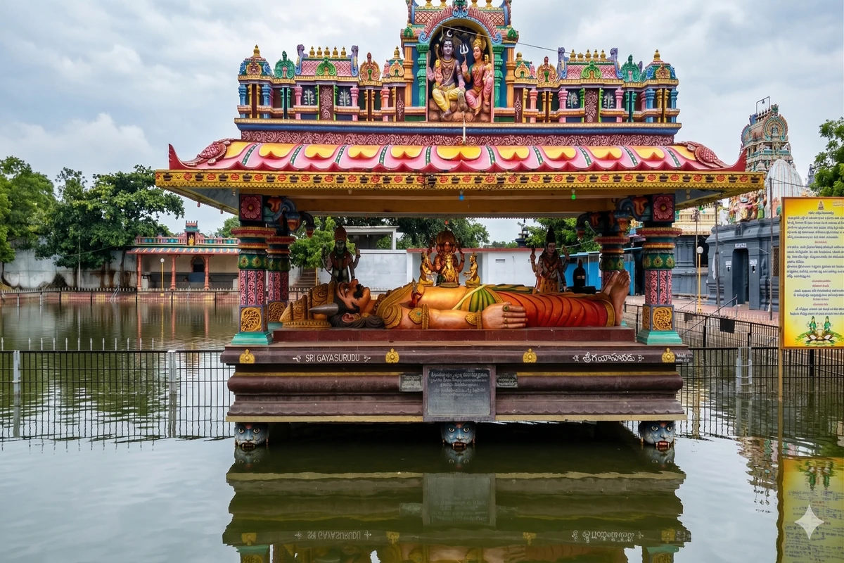 Ancient temple depicting the legend of Gayasura and the origin of Padagaya Kshetram Pithapuram